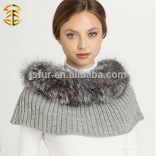 High Quality Lady's winter Genuine Silver Fox Fur Trim Wool Knitted Shawl Scarf